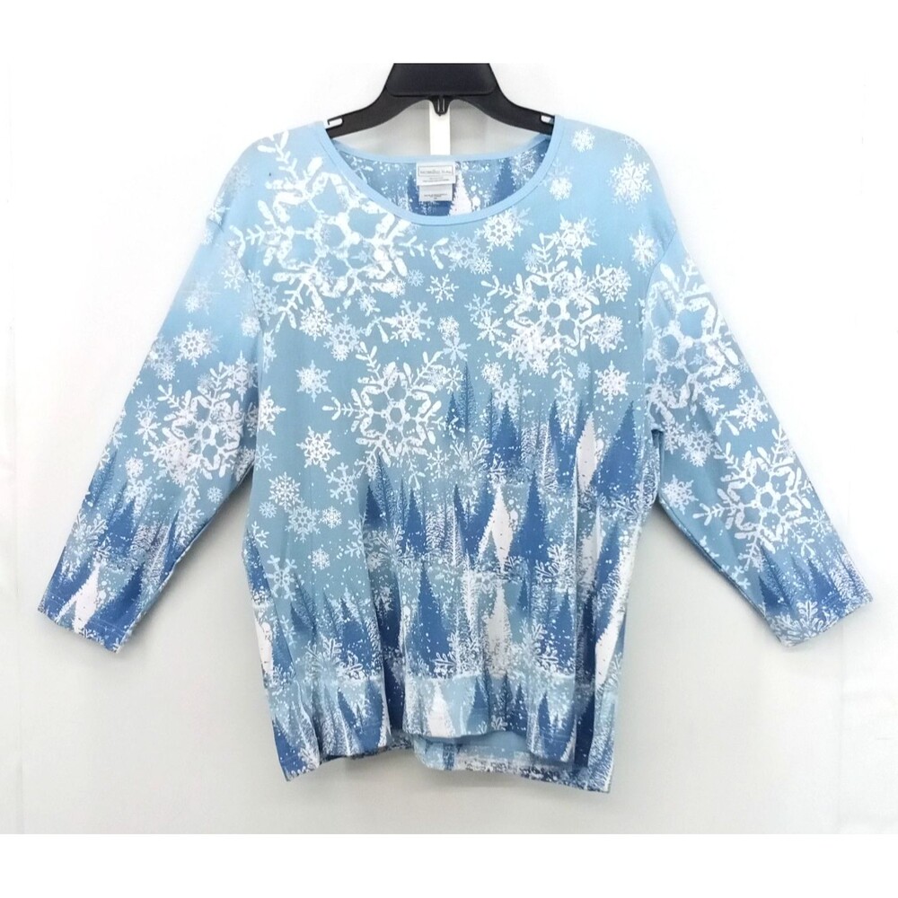 Morning Sun Shirt Women Size 2X Blue Snowflakes Holiday Christmas Pullover Top